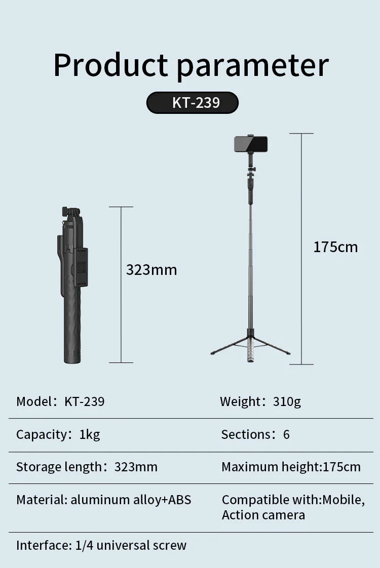 JMARY KT-239 1.75m Telescopic Selfie Stick Tripod Stand Cell Phone Clip Rotation Design Camera Mount Holder 14