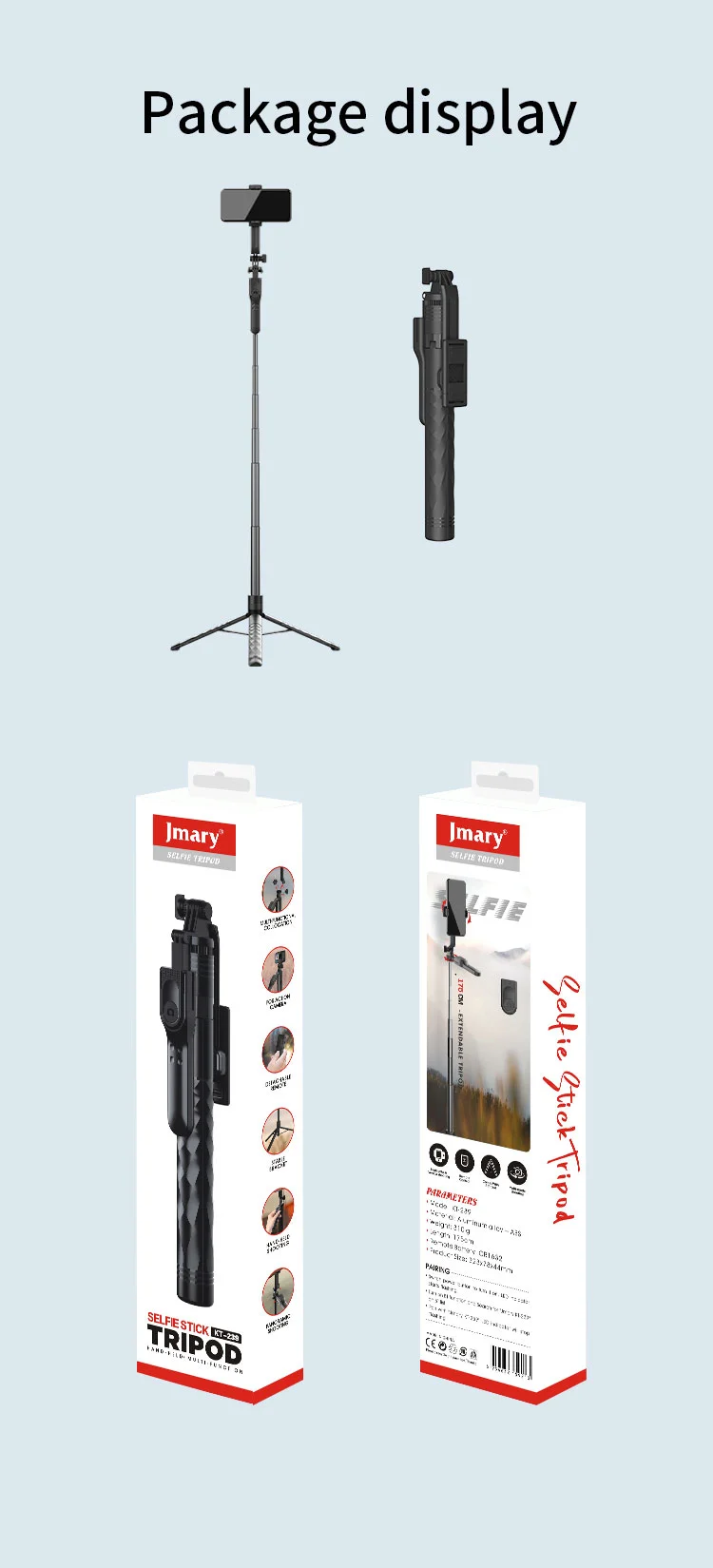 JMARY KT-239 1.75m Telescopic Selfie Stick Tripod Stand Cell Phone Clip Rotation Design Camera Mount Holder 15