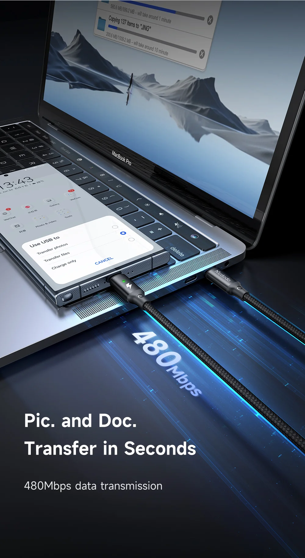 MCDODO CA-4170 1.5m Type-C to Type-C 60W Charging Cable with Wireless Charger for Samsung Watch 13