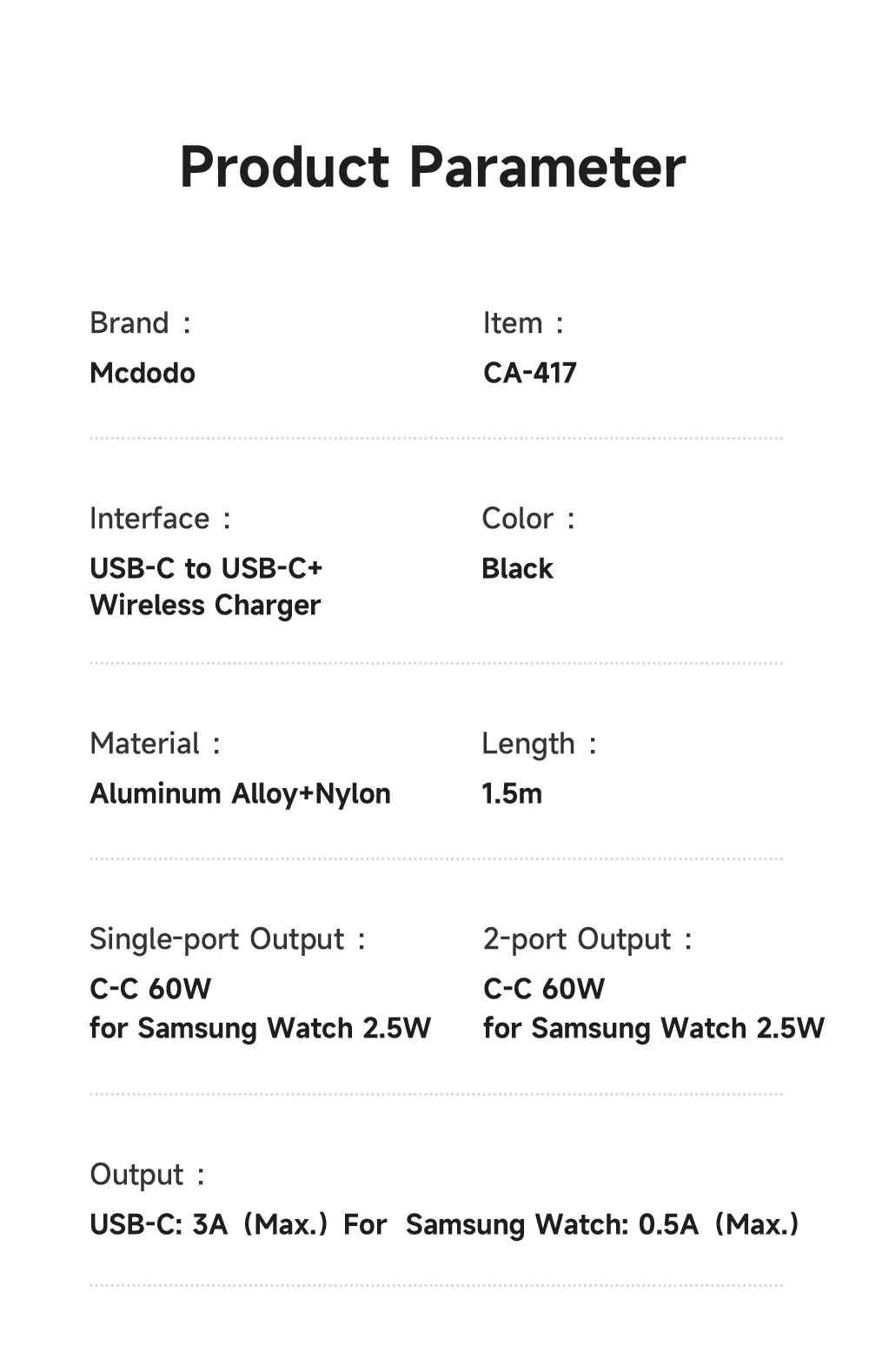 MCDODO CA-4170 1.5m Type-C to Type-C 60W Charging Cable with Wireless Charger for Samsung Watch 15