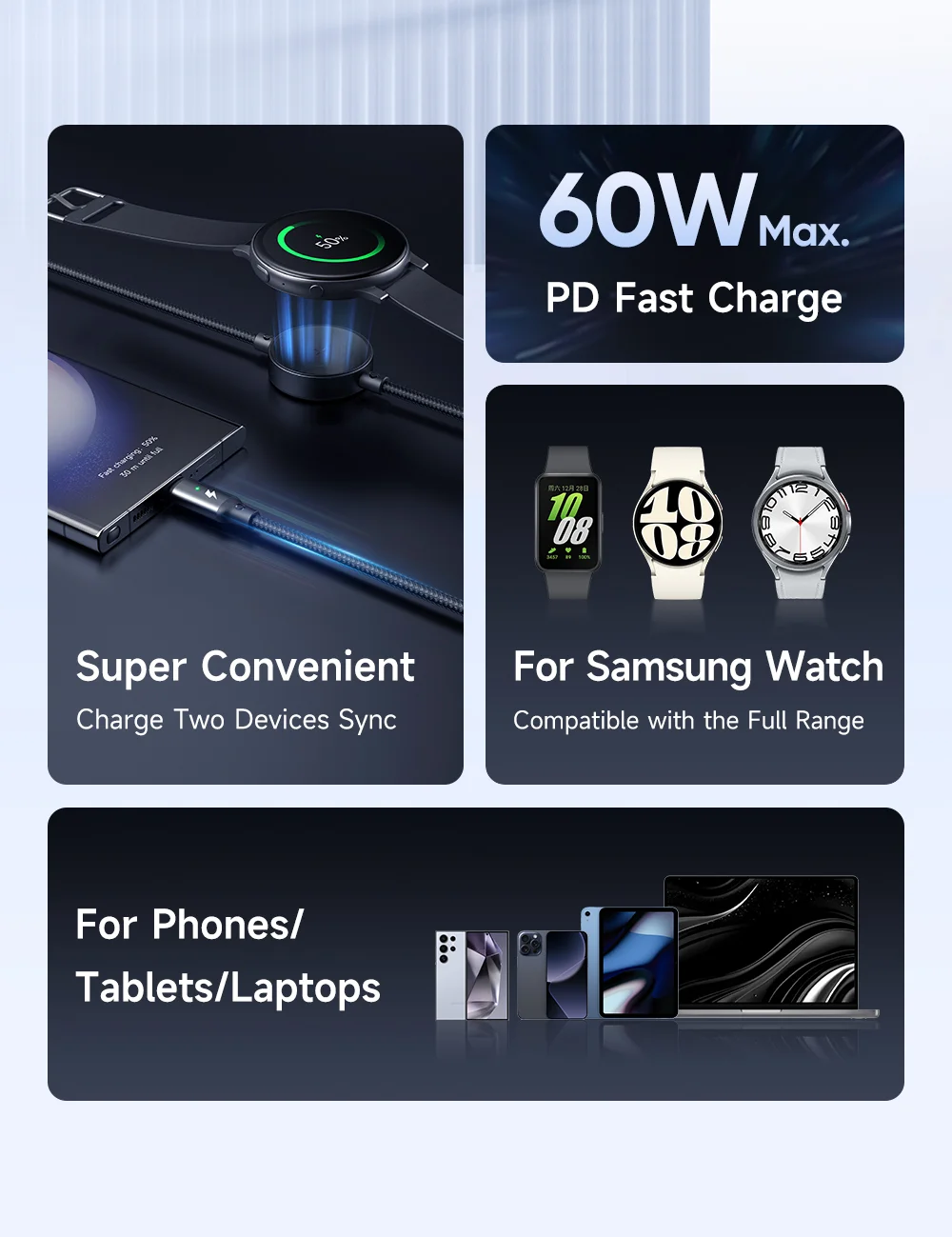 MCDODO CA-4170 1.5m Type-C to Type-C 60W Charging Cable with Wireless Charger for Samsung Watch 2