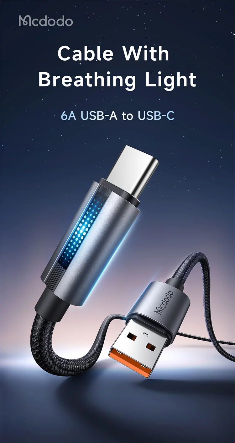 MCDODO CA-5180 1.2m USB-A to Type-C 6A 100W Charging Data Cable with Breathing Light - Black 1