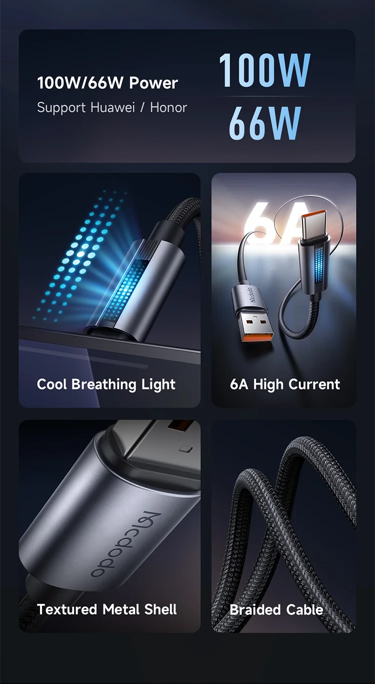 MCDODO CA-5180 1.2m USB-A to Type-C 6A 100W Charging Data Cable with Breathing Light - Black 2