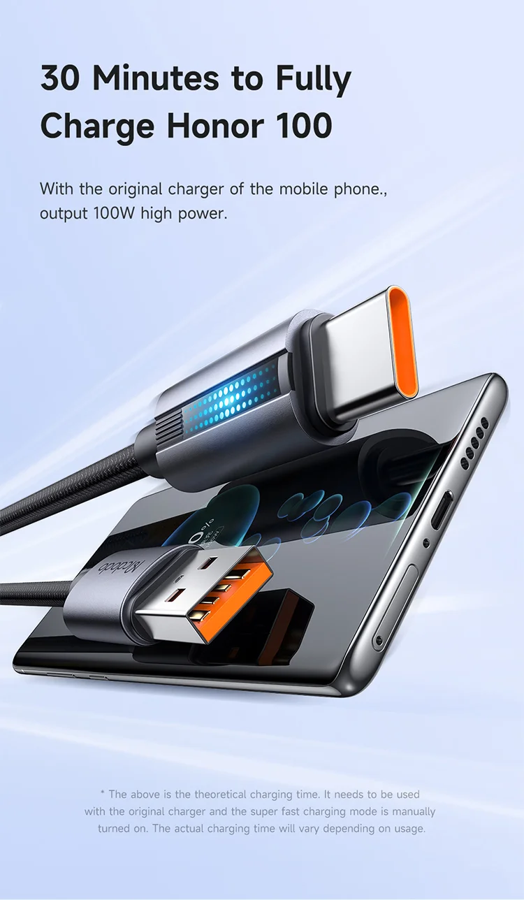 MCDODO CA-5180 1.2m USB-A to Type-C 6A 100W Charging Data Cable with Breathing Light - Black 5