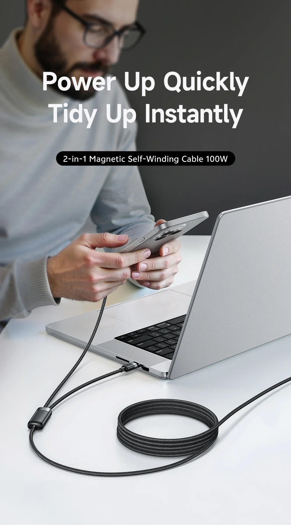 MCDODO CA-7380 1.5m USB C to Dual USB C Magnetic Splitter Cord 100W Fast Charging Cable 1