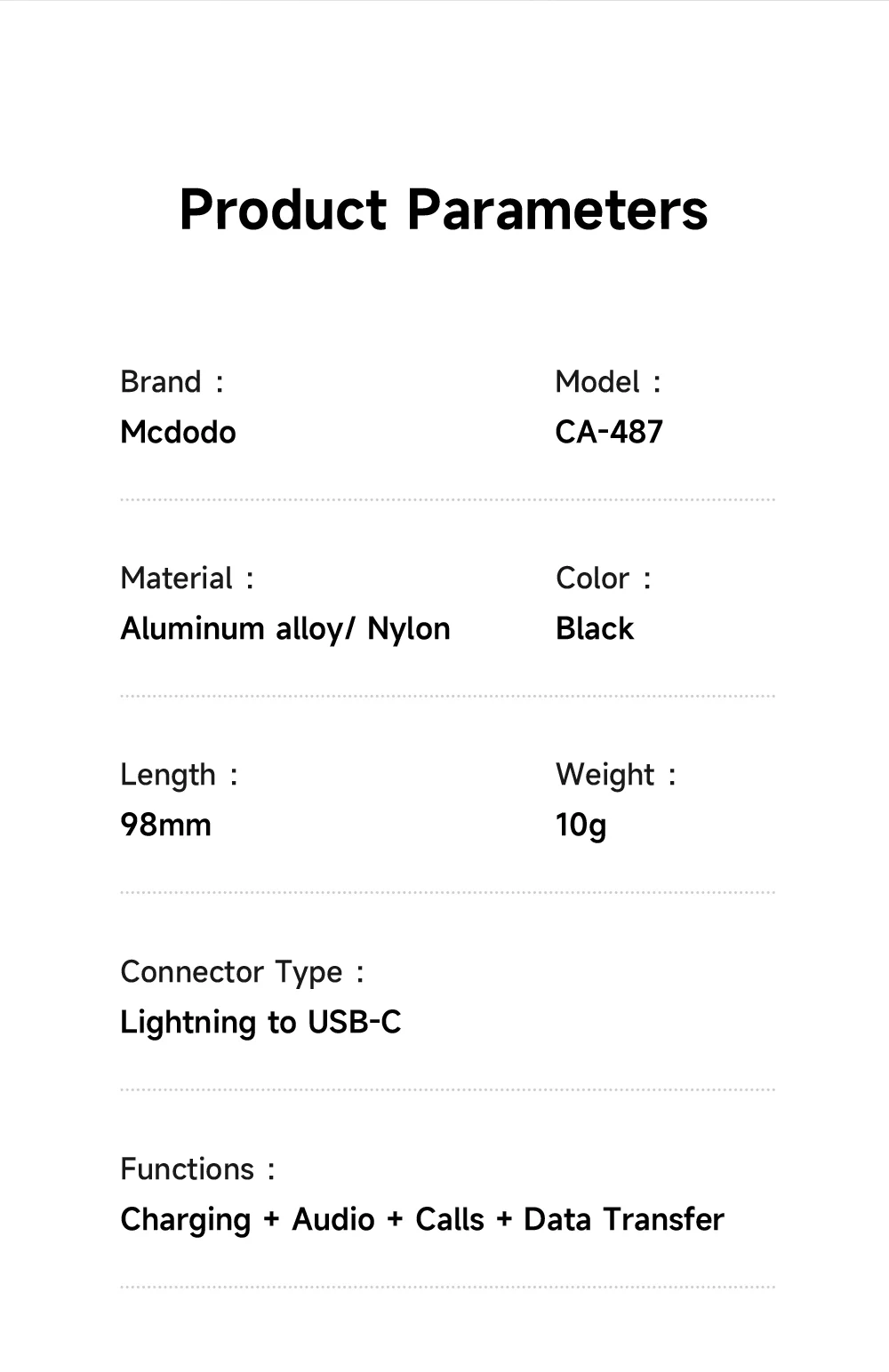 MCDODO CA-4870 MDD Nordic Series 8Pin Female to USB-C Male Adapter Cable 24W Fast Charging Data Transfer Cord - Black 6