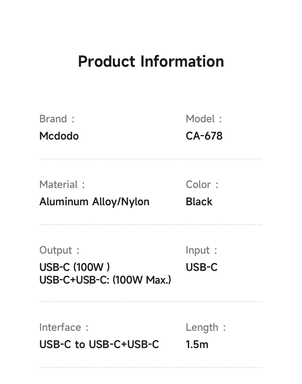 MCDODO CA-6780-IN-1 USB-C Fast Charging Cable Dual USB-C Ports 100W Charging Cord 1.5m Braided 13