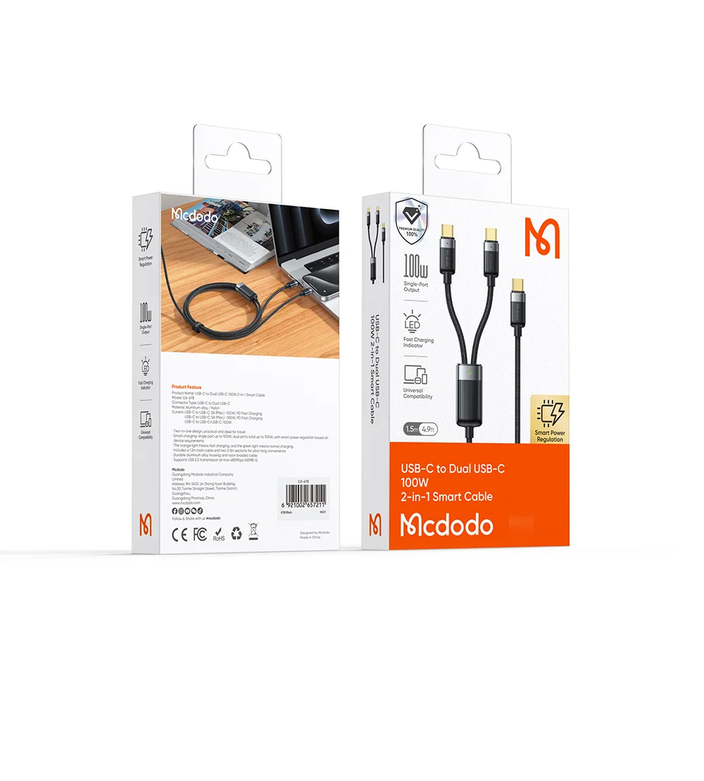 MCDODO CA-6780-IN-1 USB-C Fast Charging Cable Dual USB-C Ports 100W Charging Cord 1.5m Braided 14