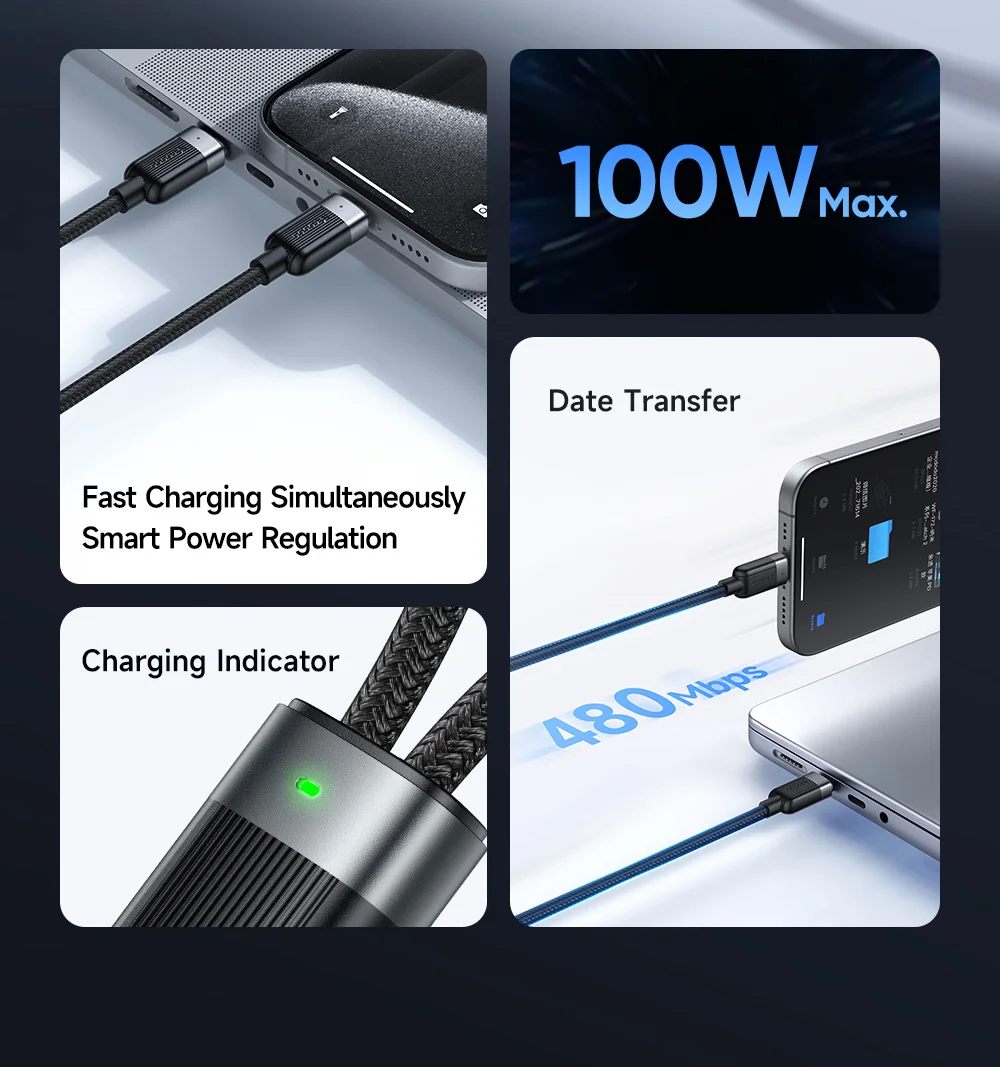MCDODO CA-6780-IN-1 USB-C Fast Charging Cable Dual USB-C Ports 100W Charging Cord 1.5m Braided 2