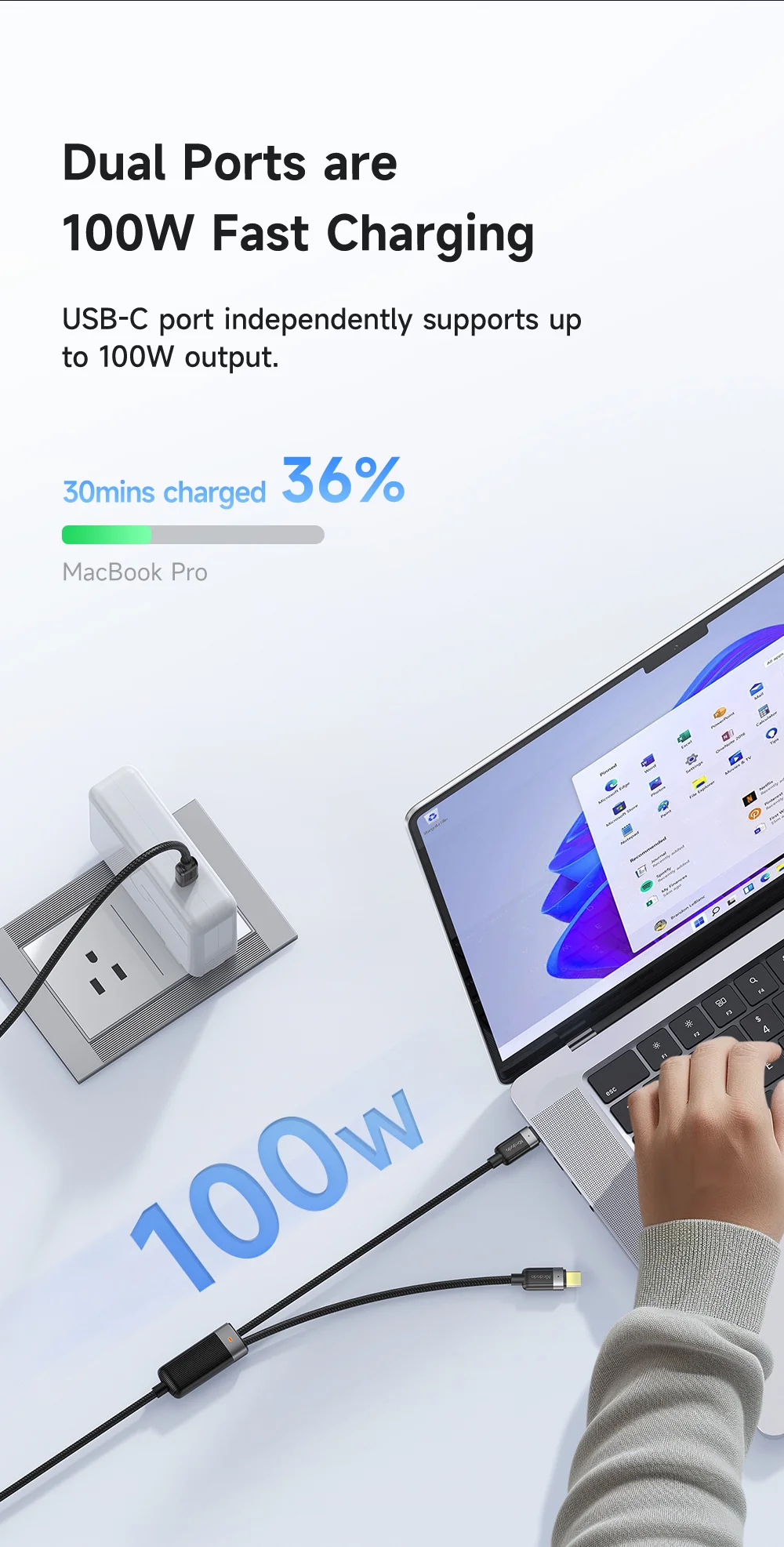 MCDODO CA-6780-IN-1 USB-C Fast Charging Cable Dual USB-C Ports 100W Charging Cord 1.5m Braided 3