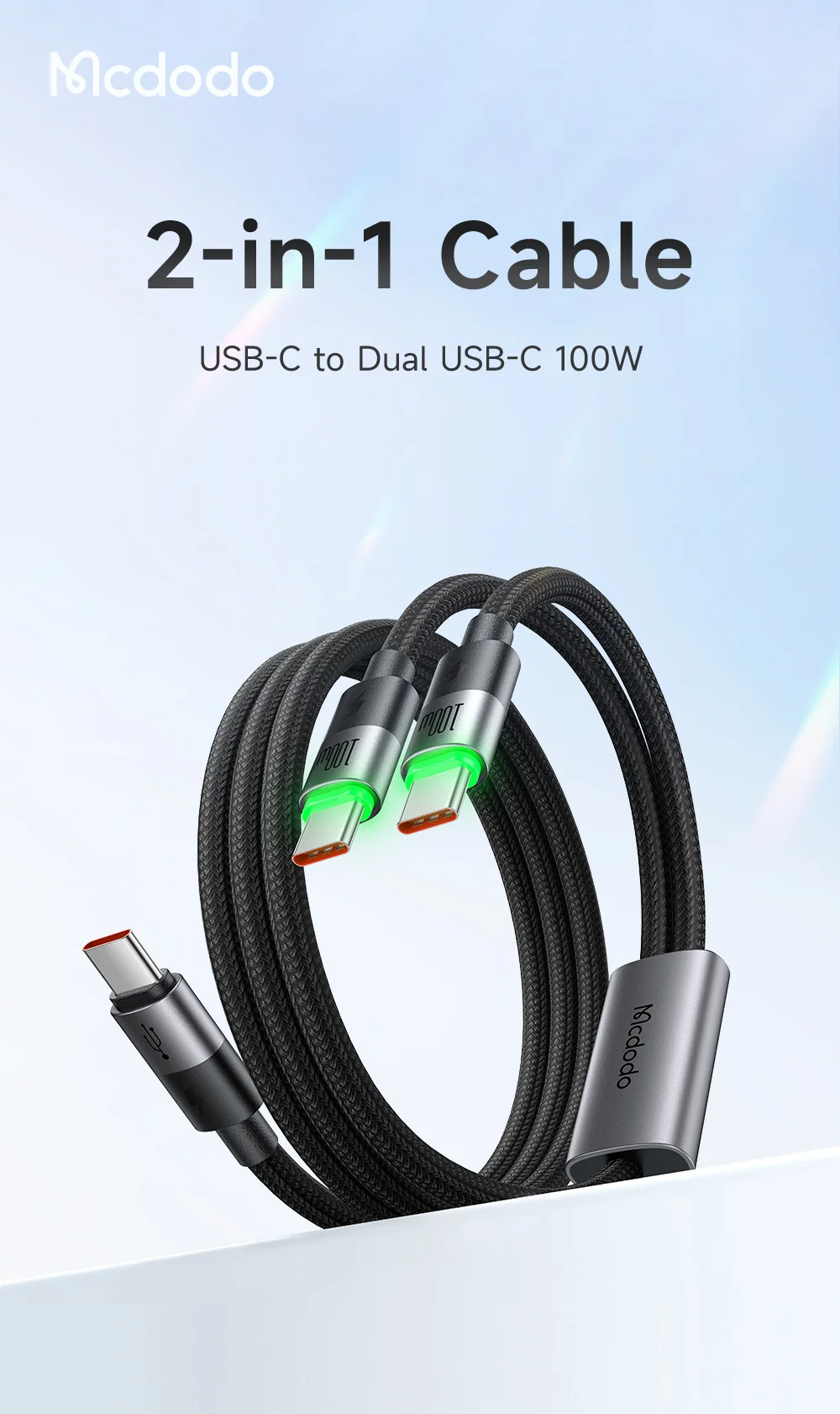MCDODO CA-6740 2-in-1 USB-C Cable 100W Fast Charging Dual Type-C Ports Braided Cord 1.5m for Multiple Devices 1