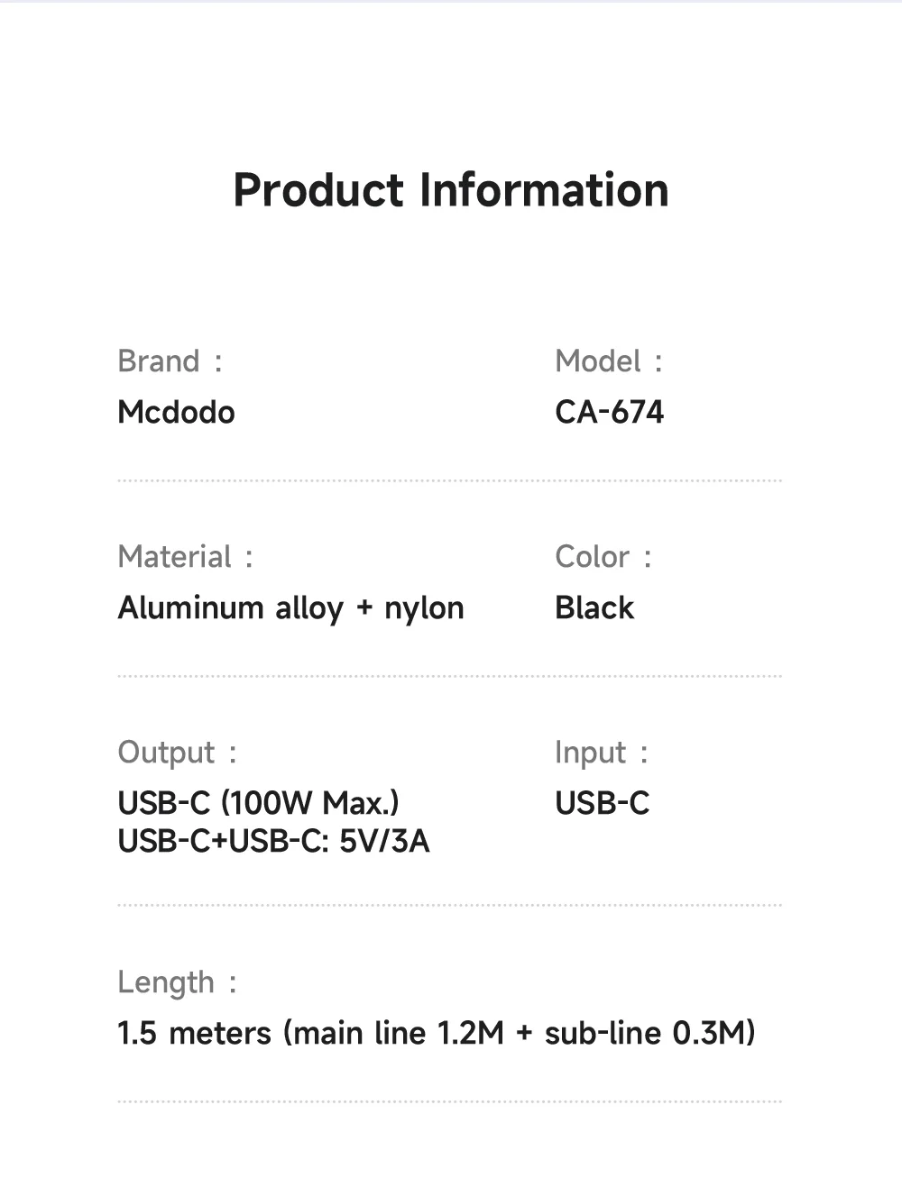 MCDODO CA-6740 2-in-1 USB-C Cable 100W Fast Charging Dual Type-C Ports Braided Cord 1.5m for Multiple Devices 14