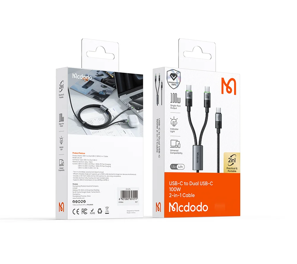 MCDODO CA-6740 2-in-1 USB-C Cable 100W Fast Charging Dual Type-C Ports Braided Cord 1.5m for Multiple Devices 15
