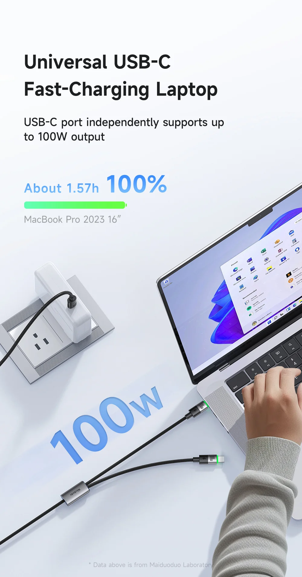 MCDODO CA-6740 2-in-1 USB-C Cable 100W Fast Charging Dual Type-C Ports Braided Cord 1.5m for Multiple Devices 3