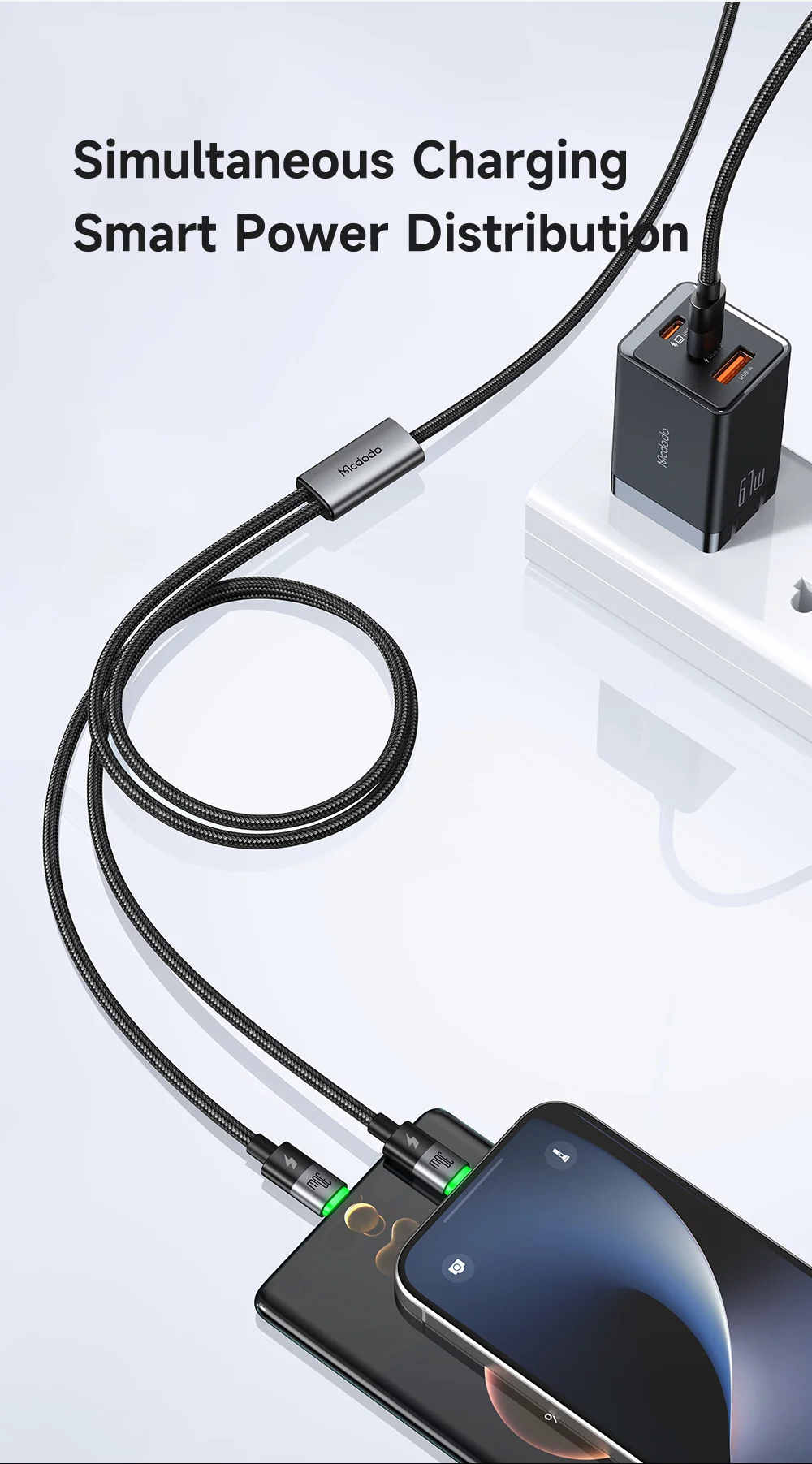 MCDODO CA-6740 2-in-1 USB-C Cable 100W Fast Charging Dual Type-C Ports Braided Cord 1.5m for Multiple Devices 6