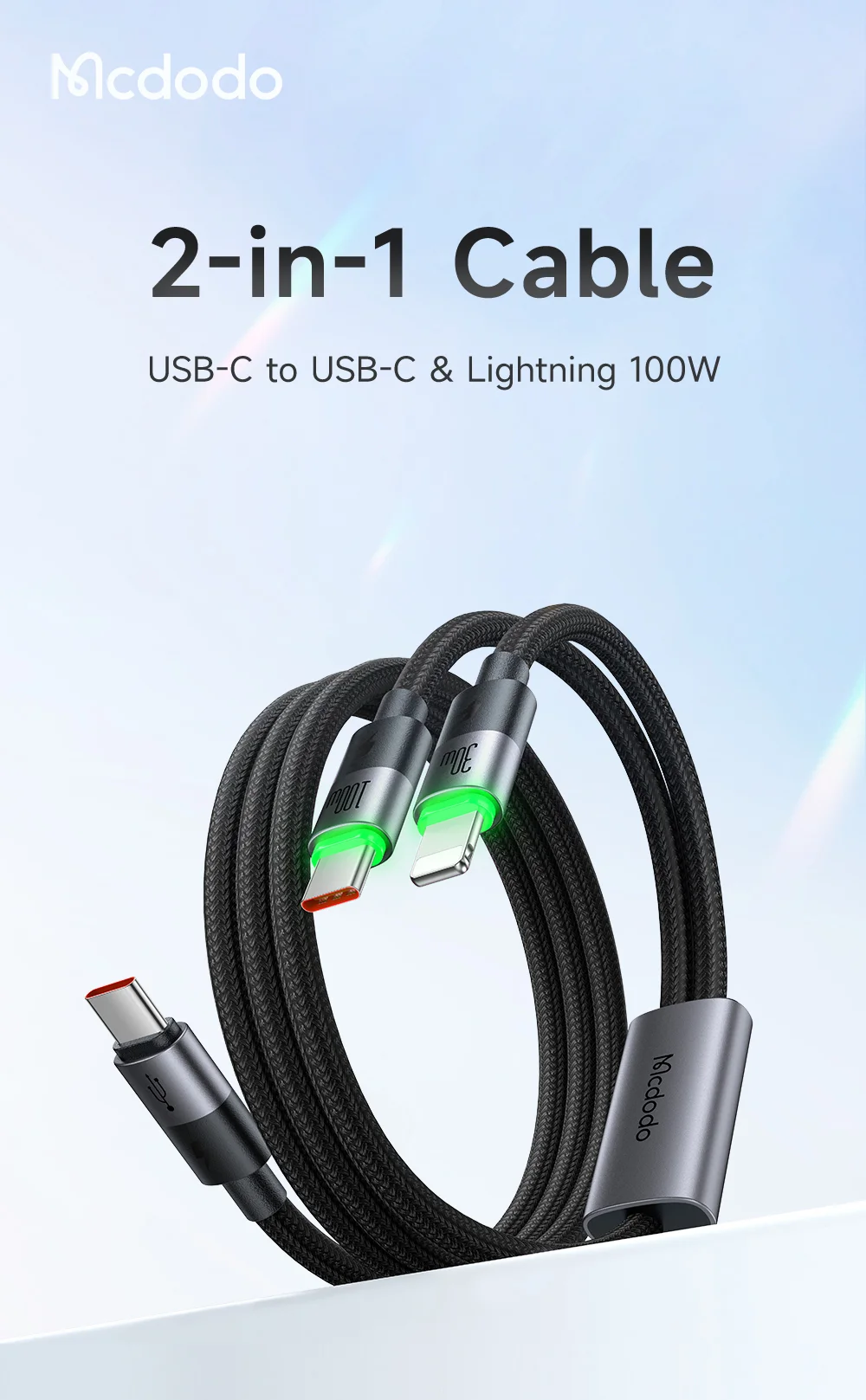 MCDODO CA-6700 2-in-1 Fast Charging Cable 100W USB-C to USB-C+iP Braided Cord 1.5m for Multiple Devices 1