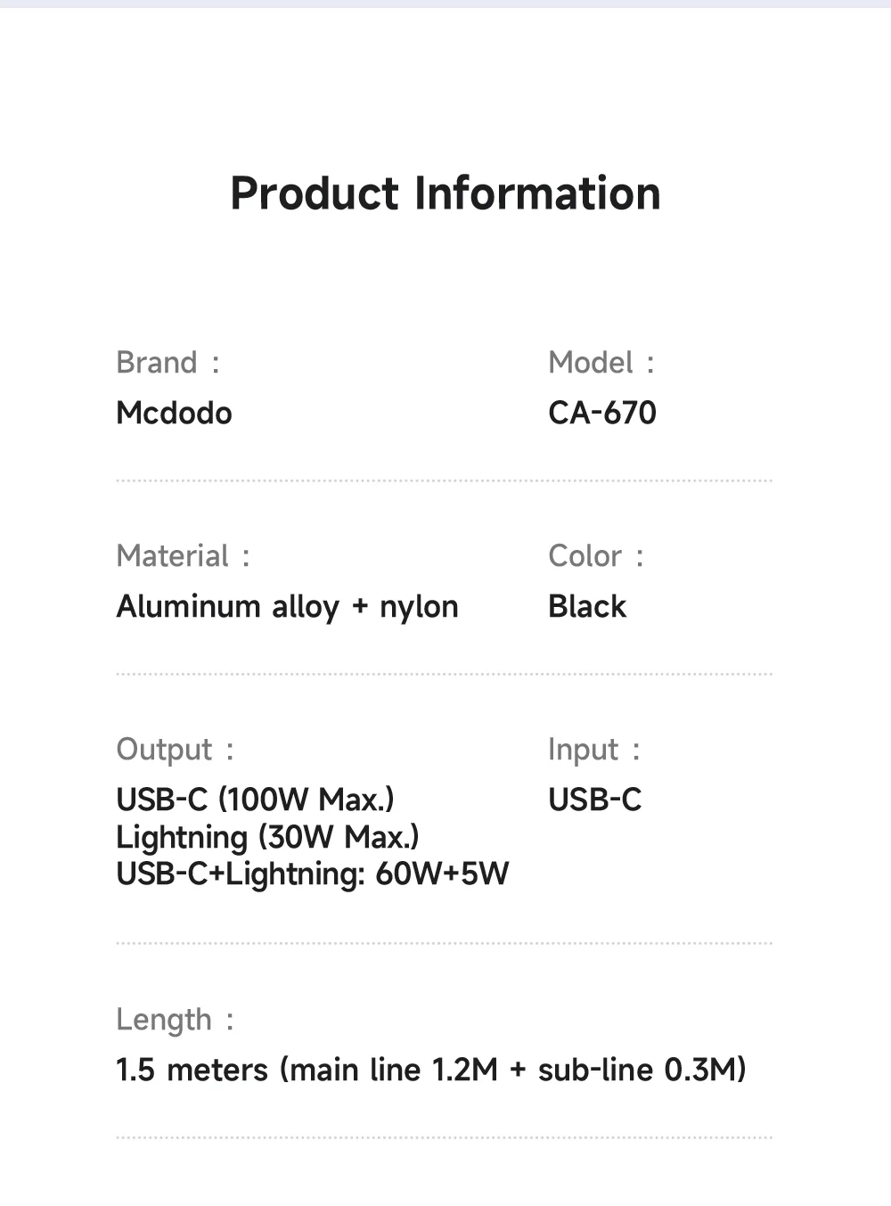 MCDODO CA-6700 2-in-1 Fast Charging Cable 100W USB-C to USB-C+iP Braided Cord 1.5m for Multiple Devices 14