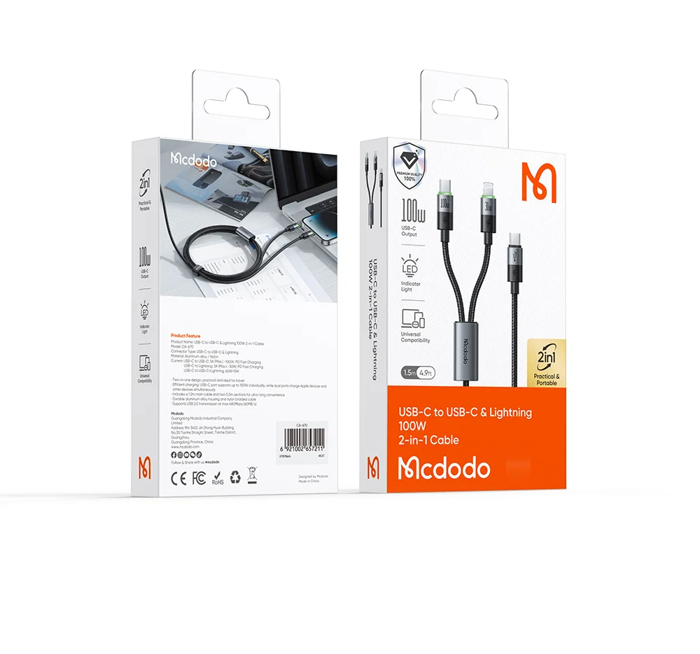 MCDODO CA-6700 2-in-1 Fast Charging Cable 100W USB-C to USB-C+iP Braided Cord 1.5m for Multiple Devices 15