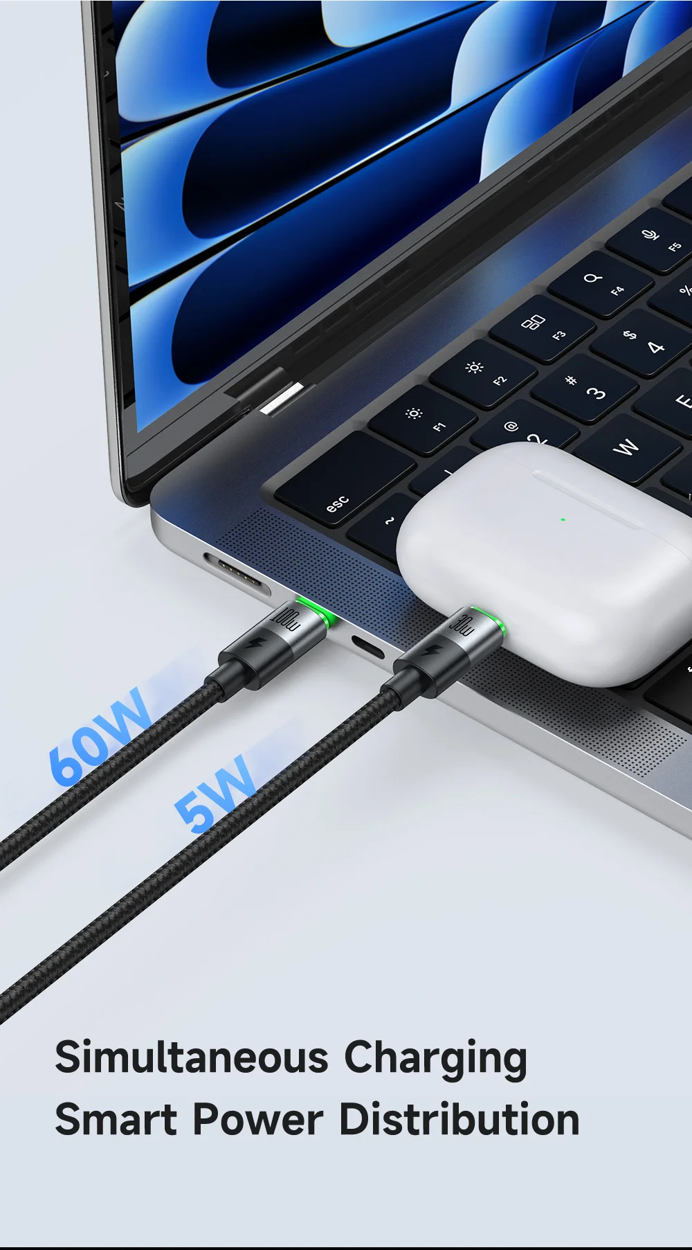 MCDODO CA-6700 2-in-1 Fast Charging Cable 100W USB-C to USB-C+iP Braided Cord 1.5m for Multiple Devices 6