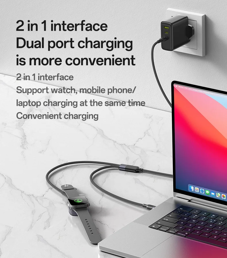 YESIDO CA136C 2 in 1 USB C to USB C / for Apple Watch Charger Dock 60W Fast Charging Cable 6