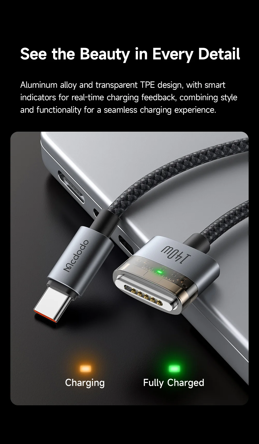 MCDODO CA-207 2m 140W USB C to Compatible with MagSafe 3 Cable with Indicator Light Nylon Braided Charging Cord - White 5