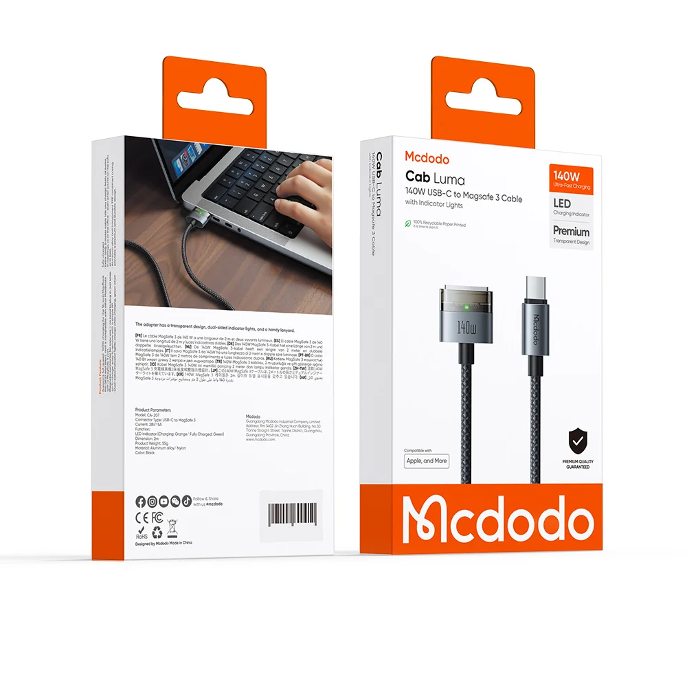 MCDODO CA-207 2m 140W USB C to Compatible with MagSafe 3 Cable with Indicator Light Nylon Braided Charging Cord - White 7