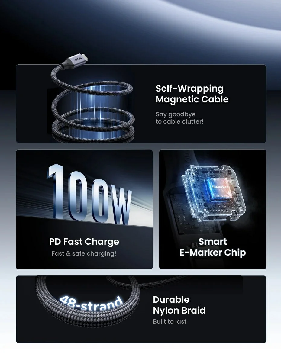 UGREEN 55517 1m Magnetic USB C to USB C Cable PD 100W Fast Charging Data Cord for MacBook / iPhone / iPad 2