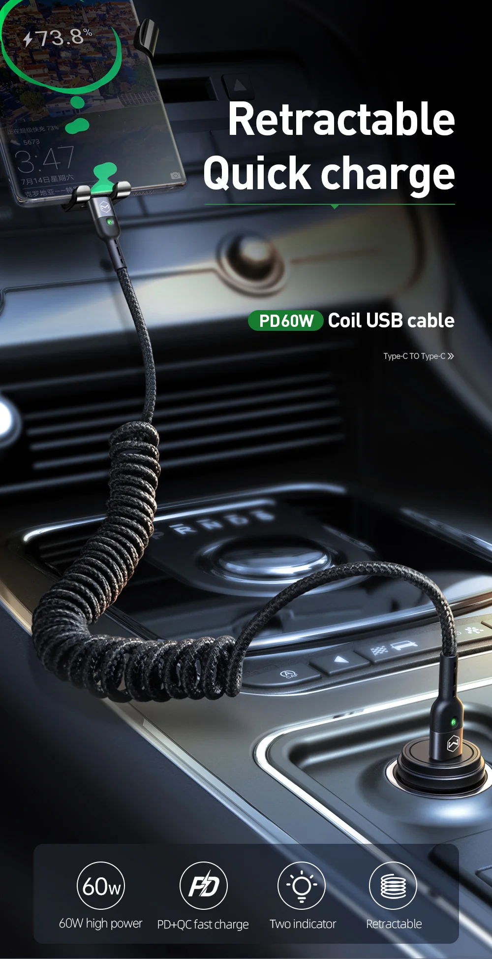 MCDODO for iPhone 15 Series Spring Coiled Type-C to Type-C Data Cable Power Delivery PD Fast Charger Cable 1