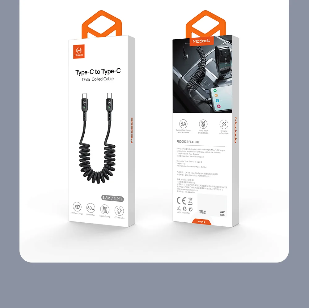 MCDODO for iPhone 15 Series Spring Coiled Type-C to Type-C Data Cable Power Delivery PD Fast Charger Cable 13