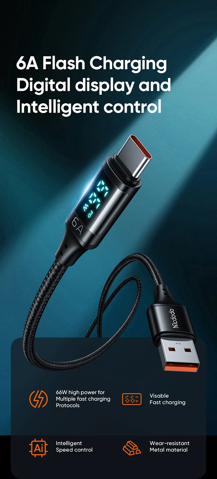 MCDODO MDD CA-1080 for iPhone 15 Series 1.2m Digital Display 6A Type-C Charge Data Cable Cord - Black 1