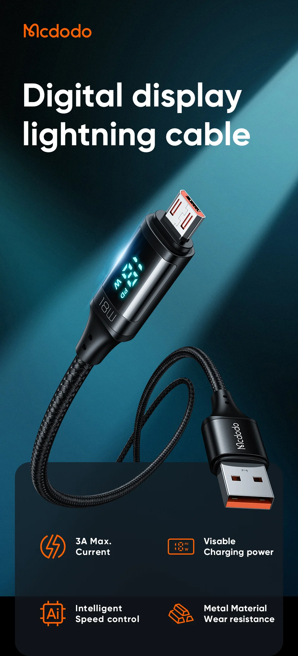 MCDODO CA-1070 1.2m USB A to Micro USB Cable 3A LED Display Charging Cord 480Mbps Data Transmission Cable - Black 1