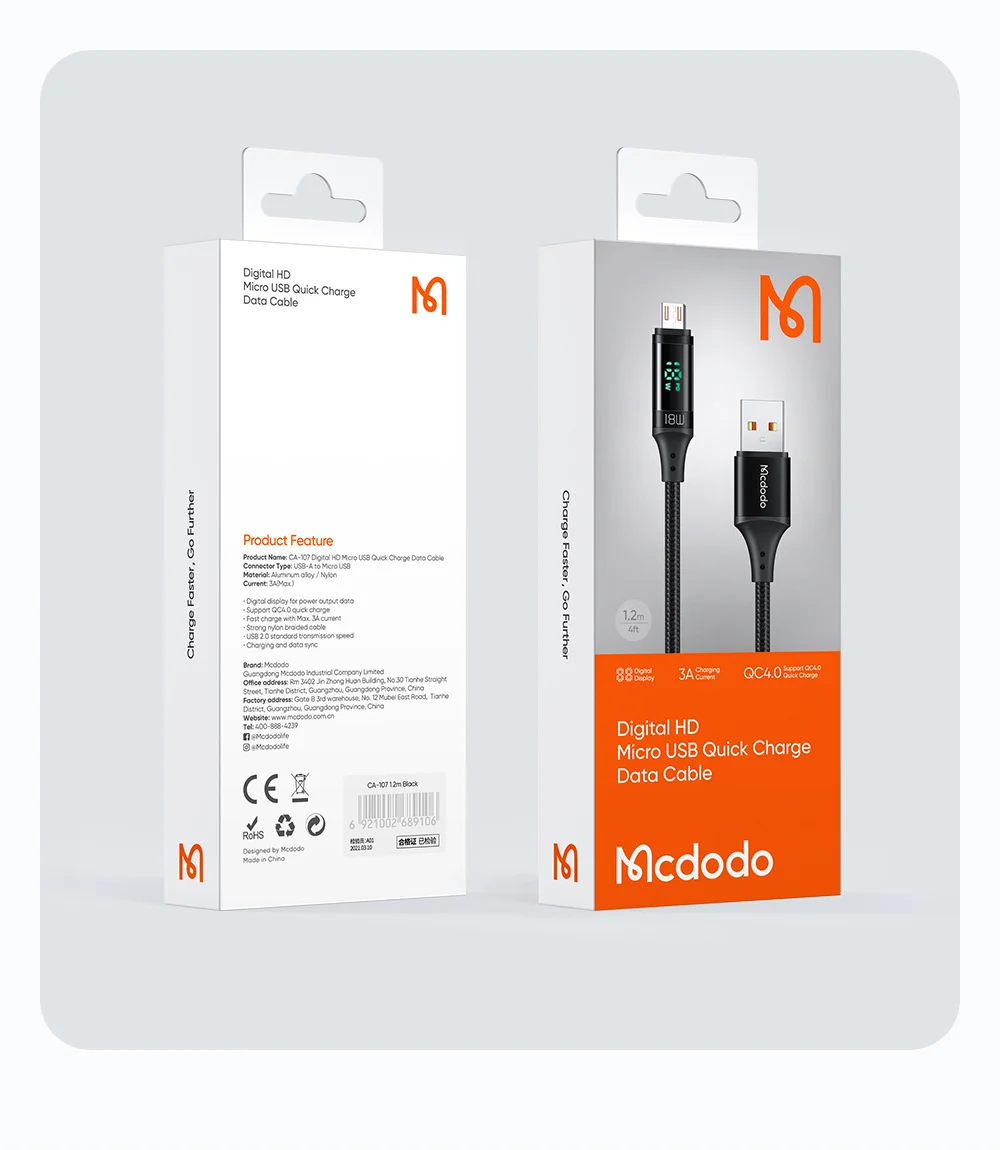 MCDODO CA-1070 1.2m USB A to Micro USB Cable 3A LED Display Charging Cord 480Mbps Data Transmission Cable - Black 11