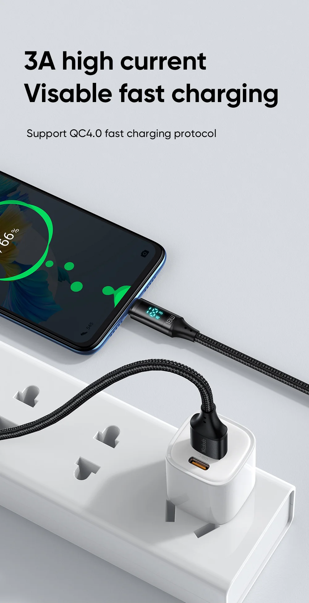 MCDODO CA-1070 1.2m USB A to Micro USB Cable 3A LED Display Charging Cord 480Mbps Data Transmission Cable - Black 3