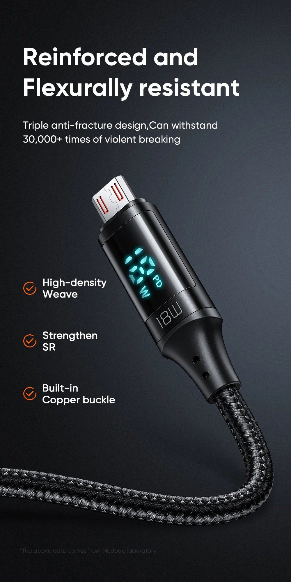 MCDODO CA-1070 1.2m USB A to Micro USB Cable 3A LED Display Charging Cord 480Mbps Data Transmission Cable - Black 6