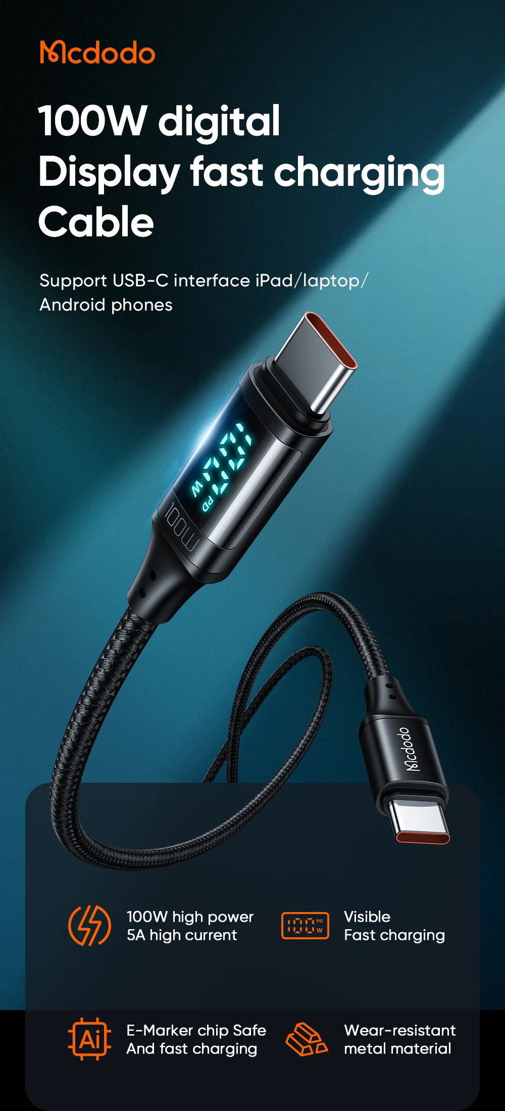 MCDODO MDD CA-1100 1.2m Type C Charging Cable LED Display 100W Fast Charging Cord 480Mbps Data Transmission Cable - Black 1