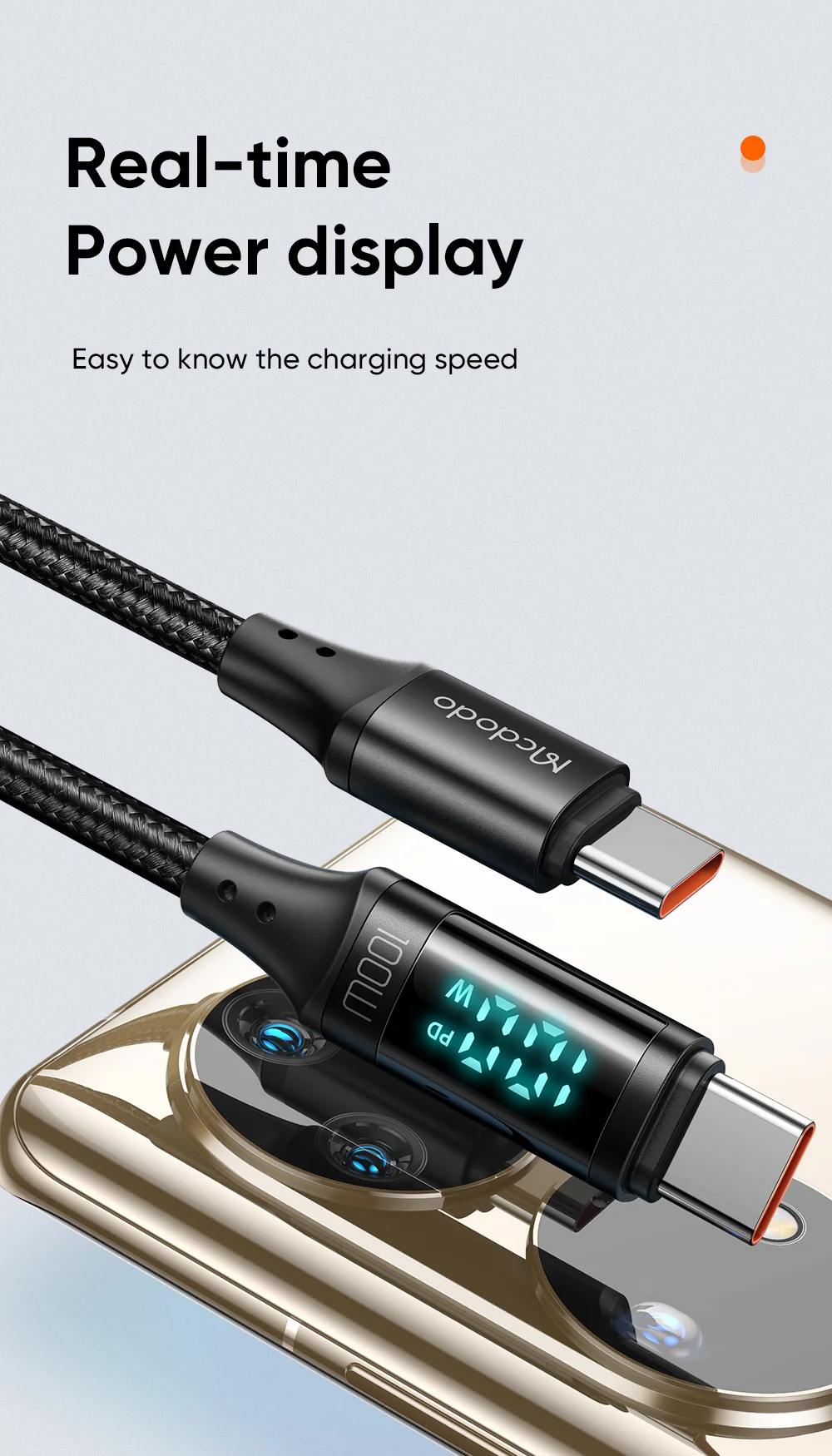 MCDODO MDD CA-1100 1.2m Type C Charging Cable LED Display 100W Fast Charging Cord 480Mbps Data Transmission Cable - Black 3