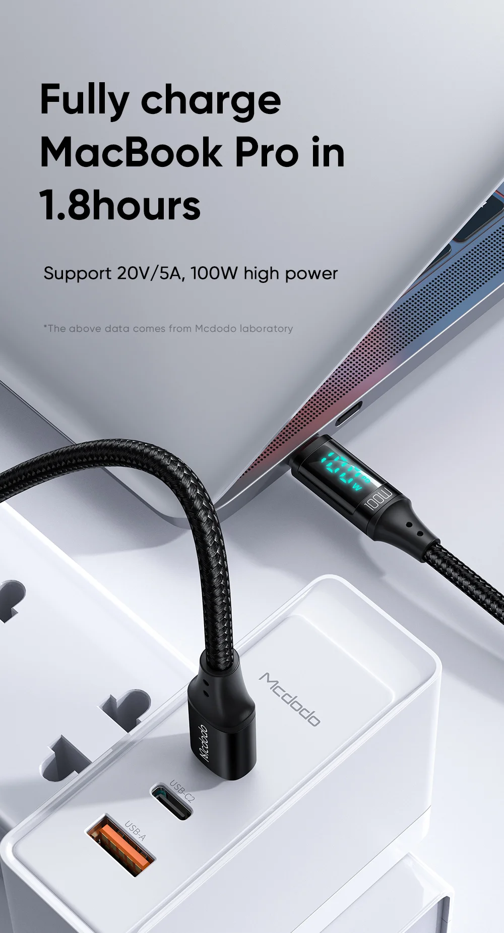 MCDODO MDD CA-1100 1.2m Type C Charging Cable LED Display 100W Fast Charging Cord 480Mbps Data Transmission Cable - Black 5
