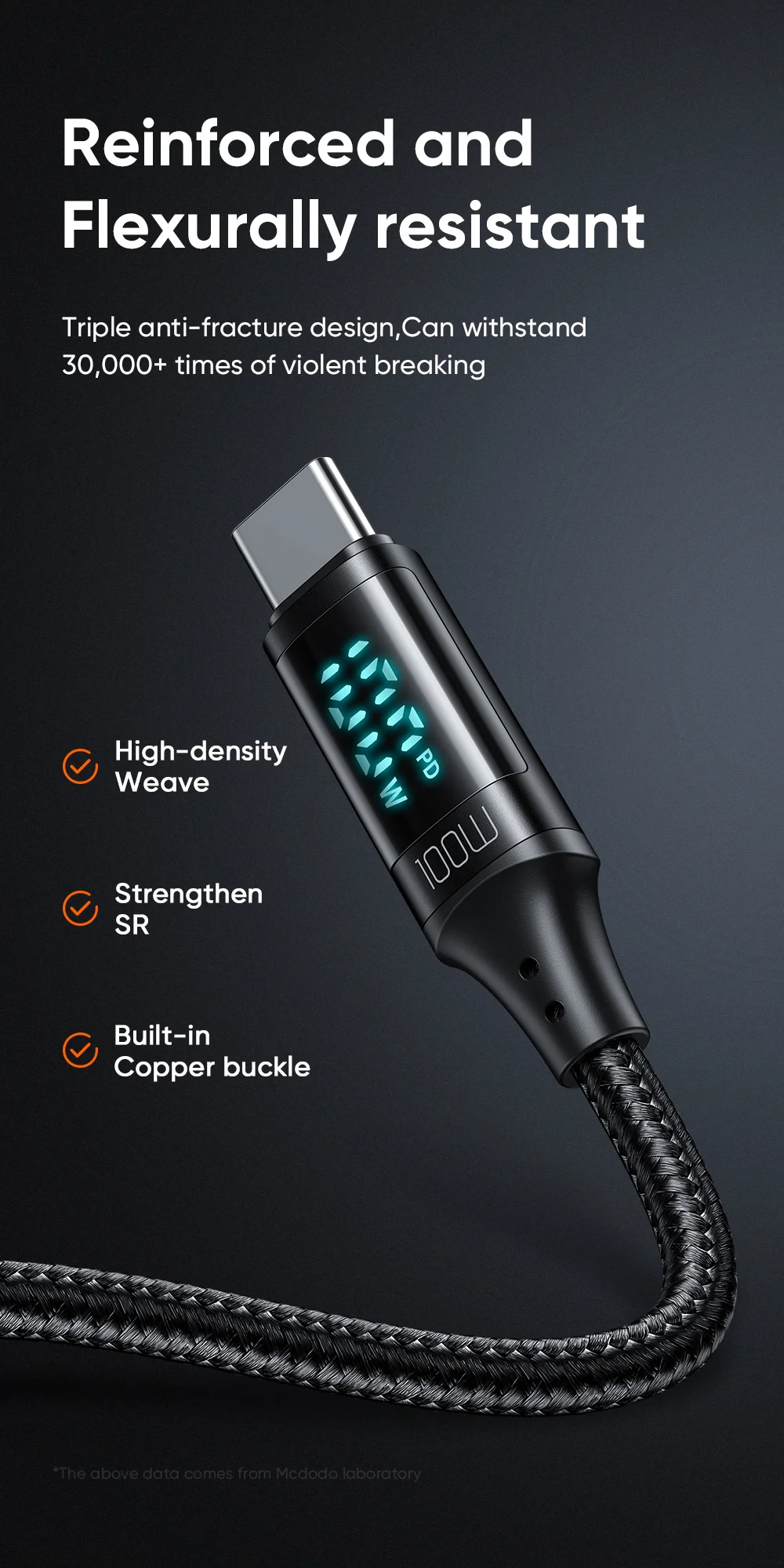 MCDODO MDD CA-1100 1.2m Type C Charging Cable LED Display 100W Fast Charging Cord 480Mbps Data Transmission Cable - Black 9
