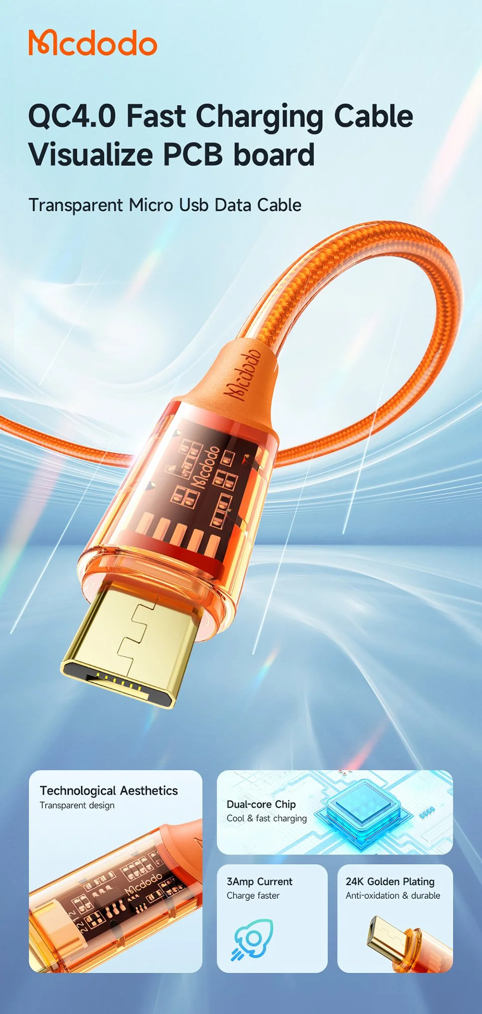 MCDODO CA-210 MDD Amber Series 1.8m 3A Micro USB Transparent Design Data Cable Android Phone Charging Cord - Orange 1