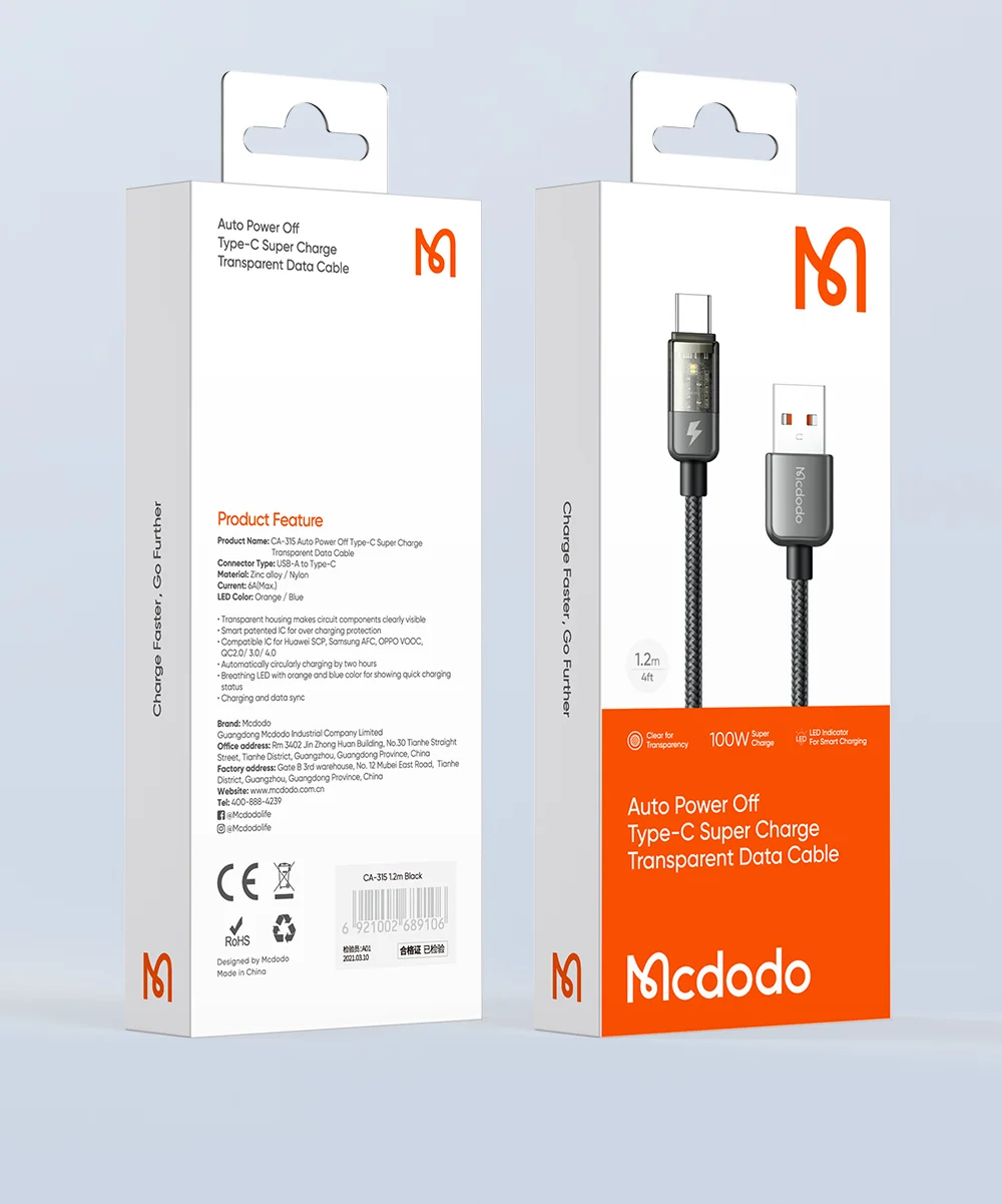 MCDODO CA-3151 MDD for iPhone 15 Series 1.8m USB to Type-C 6A Fast Charge Cable Auto Disconnect Nylon Braided Cord - Black 14
