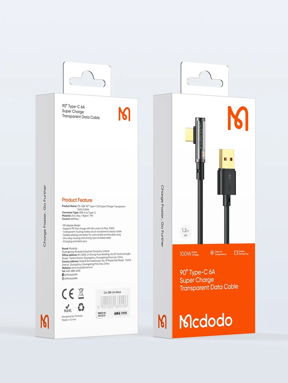MCDODO CA-3380 MDD Prism Series for iPhone 15 Series 1.2m 6A Fast Charging Type-C Cable Transparent 90-Degree Elbow Data Cord 15