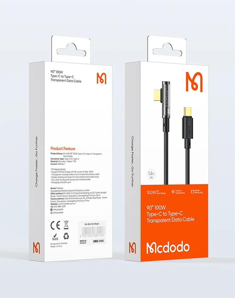 MCDODO CA-3400 for iPhone 15 Series 1.2m 90 Degree L-shaped 100W Fast Charging Type-C to Type-C Transparent Data Cable - Black 16