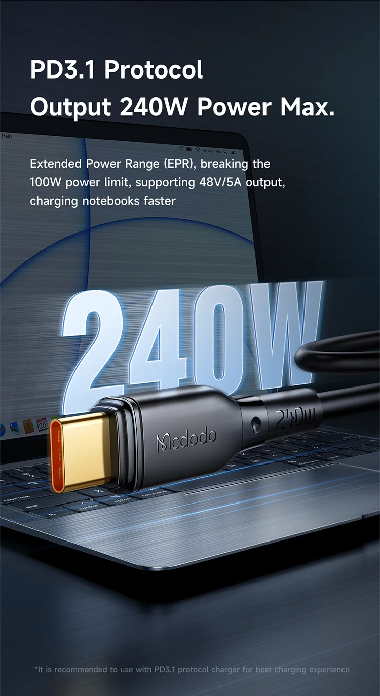 MCDODO CA-3311 MDD for iPhone 15 Series 2m Type-C to Type-C Cord PD 240W 5A Fast Charging Data Transmission Cable - Black 3