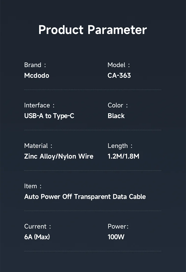 MCDODO CA-3630 for iPhone 15 Series 1.2m 100W High Power Digital Display Auto Power Off USB-A to Type-C Transparent Data Cable - Black 14