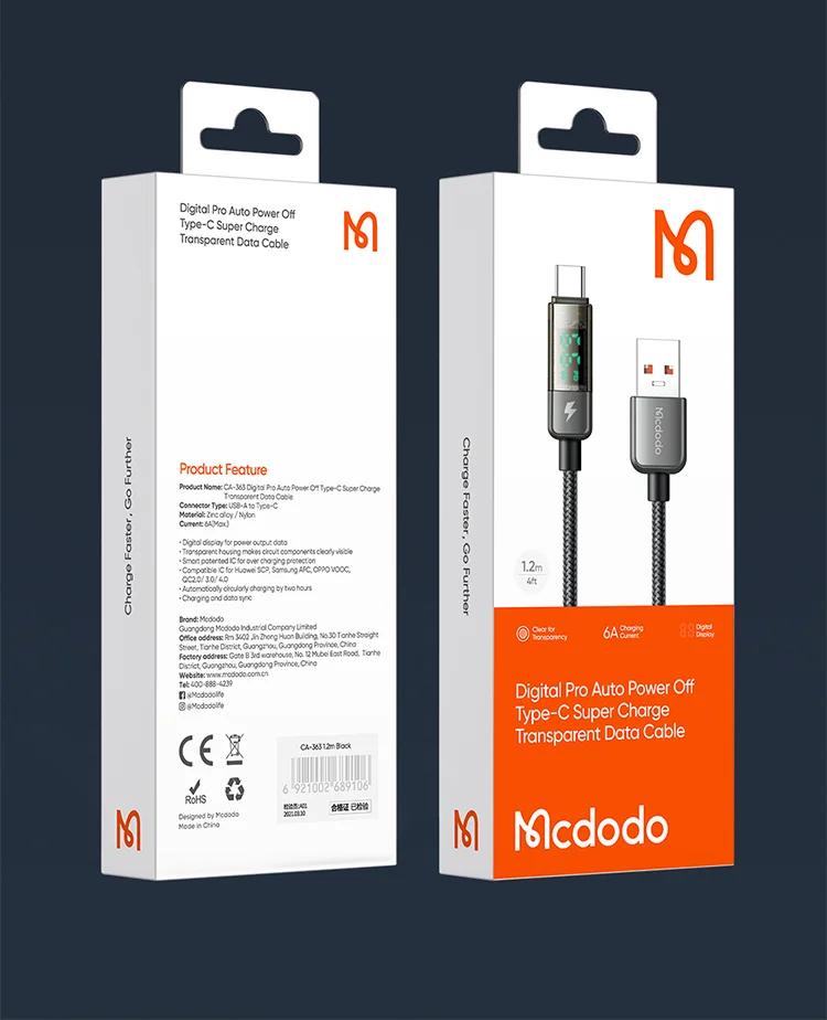 MCDODO CA-3630 for iPhone 15 Series 1.2m 100W High Power Digital Display Auto Power Off USB-A to Type-C Transparent Data Cable - Black 15