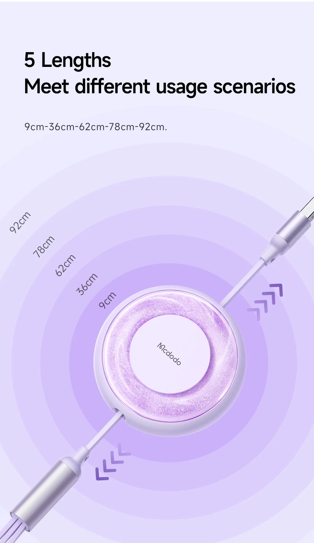 MCDODO CA-357 MDD for iPhone 15 Series 3-in-1 Retractable Charging Cable Lightning Type-C Micro USB for iPhone, Android - Purple 13