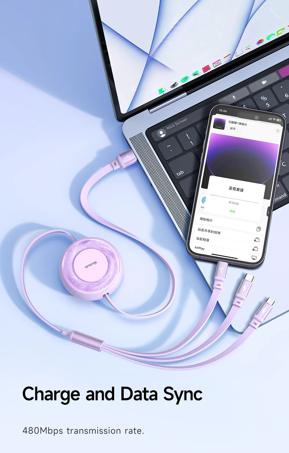 MCDODO CA-357 MDD for iPhone 15 Series 3-in-1 Retractable Charging Cable Lightning Type-C Micro USB for iPhone, Android - Purple 15