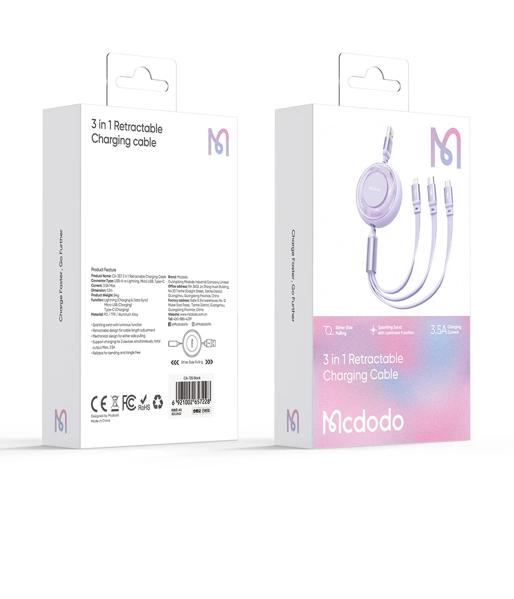 MCDODO CA-357 MDD for iPhone 15 Series 3-in-1 Retractable Charging Cable Lightning Type-C Micro USB for iPhone, Android - Purple 19