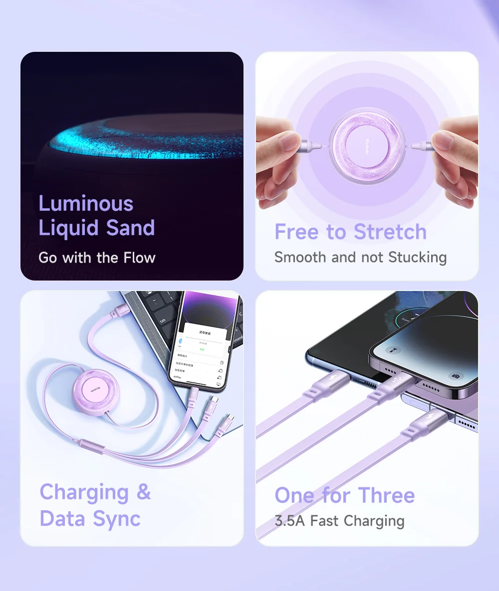 MCDODO CA-357 MDD for iPhone 15 Series 3-in-1 Retractable Charging Cable Lightning Type-C Micro USB for iPhone, Android - Purple 2