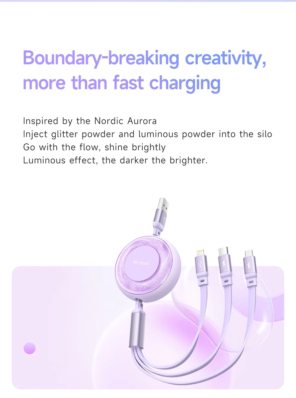 MCDODO CA-357 MDD for iPhone 15 Series 3-in-1 Retractable Charging Cable Lightning Type-C Micro USB for iPhone, Android - Purple 3